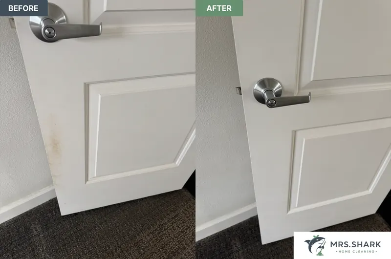 Before and after: white interior door with dark stains near the edge, then clean