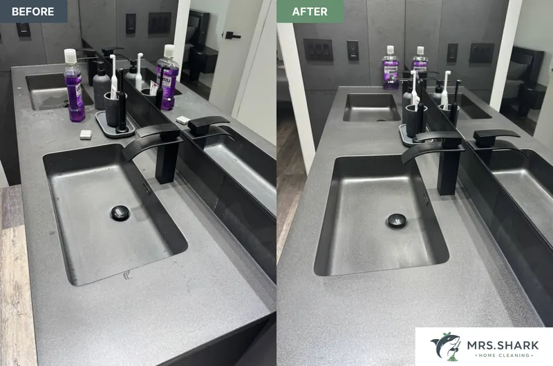 Before and after: dark double vanity with residue and clutter, then clean and tidy