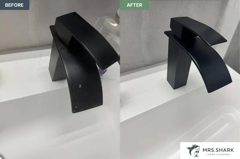 Before and after: black bathroom faucet with water spots and hair on the sink, then clean