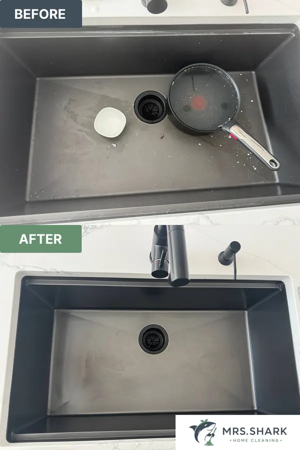 Before and after: black kitchen sink with dishes and residue, then empty and clean