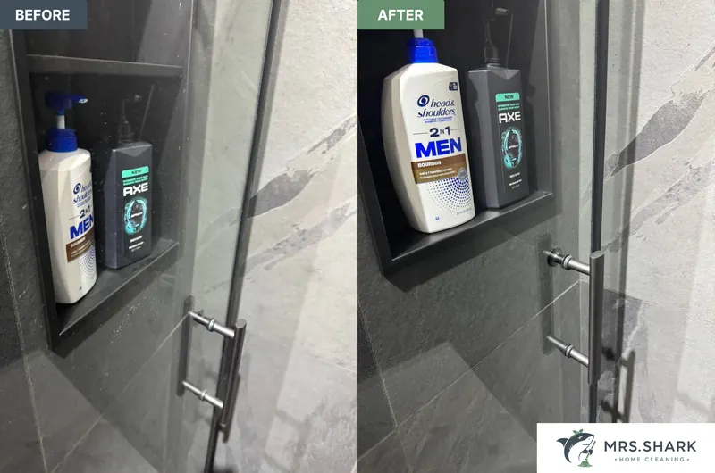 Before and after: shower niche and glass door with residue, then clean