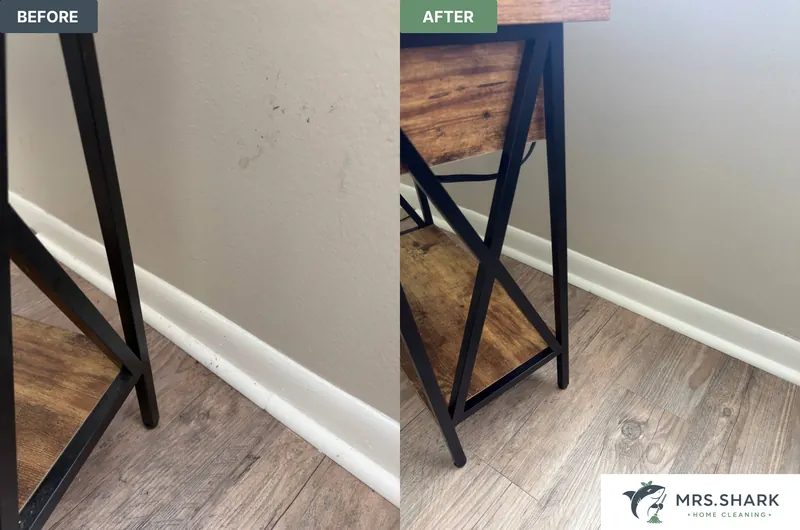 Before and after: wall with scuff marks and dusty baseboard, then clean